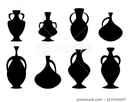Black amphorae set isolated on white background. Amphora silhouettes. Ancient greek jars and amphorae. Design of amphora for posters, banners and promotional items. Vector illustration Black amphorae set isolated on white background. Amphora silhouettes. Ancient greek jars and amphorae. Design of amphora for posters, banners and promotional items. Vector illustration 101054097