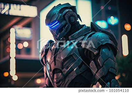 A futuristic security soldier equipped with full-body armor that protects the city. A futuristic security soldier equipped with full-body armor that protects the city. 101054110