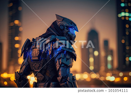 A futuristic security soldier equipped with full-body armor that protects the city. 101054111