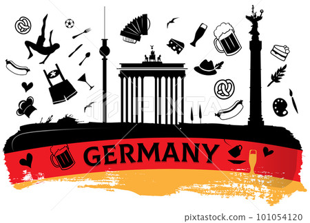 germany travel banner with icon and monuments on flag germany travel banner with icon and monuments on flag 101054120