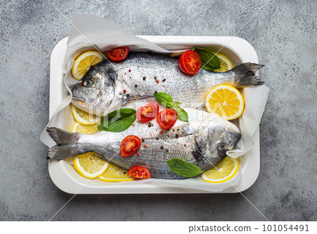Two raw fishes dorado in casserole dish with ingredients lemon, fresh basil, cherry tomatoes close up top view on rustic stone grey background, cooking healthy fish dorado Two raw fishes dorado in casserole dish with ingredients lemon, fresh basil, cherry tomatoes close up top view on rustic stone grey background, cooking healthy fish dorado 101054491