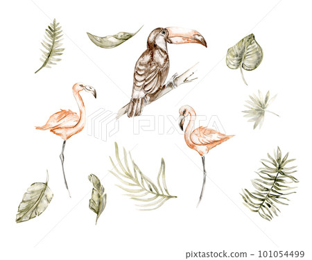 Watercolor hand drawn  illustration ofrom the jungle animals and a palm tree branchon a white background. Perfect for nursery poster decoration, stickers . invitation, greetings card, party decor.   101054499