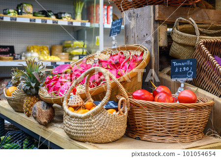 Close up of colorful fresh fruit at a stall in Borough Market, London, UK. This famous and historical food market has been trading at this location since 1756. 101054654