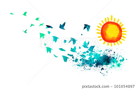 Blue birds flying flock. Watercolor sun. Vector illustration Blue birds flying flock. Watercolor sun. Vector illustration 101054897