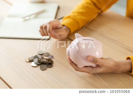 Saving money investment for future. Female woman hands holding pink piggy bank and putting money coin. Saving investment budget business wealth retirement financial money banking concept Saving money investment for future. Female woman hands holding pink piggy bank and putting money coin. Saving investment budget business wealth retirement financial money banking concept 101055068