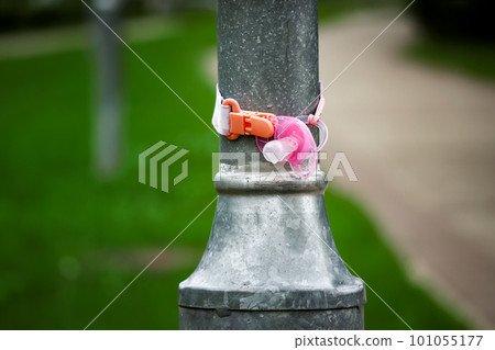 Lost pink orthodontic pacifier hanging tied to a street light pole in a park near sand path and lawn Lost pink orthodontic pacifier hanging tied to a street light pole in a park near sand path and lawn 101055177