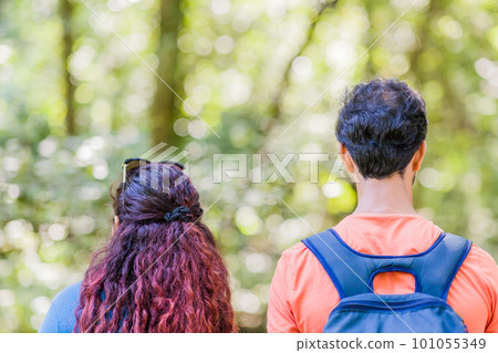 Unrecognizable mixed race mid couple ecotourism hiking in senda del oso, Asturias conservation Unrecognizable mixed race mid couple ecotourism hiking in senda del oso, Asturias conservation 101055349