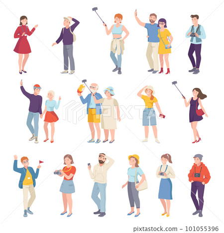 People Tourist Characters on Excursion or Sightseeing Tour with Guide Big Vector Set 101055396