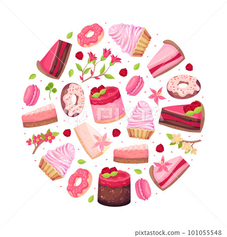 Sweet Raspberry Dessert Round Composition Design with Creamy Cake and Donut Vector Template Sweet Raspberry Dessert Round Composition Design with Creamy Cake and Donut Vector Template 101055548