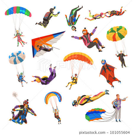 Paratroopers or Parachutist Free-falling and Descenting with Parachutes Big Vector Set 101055604