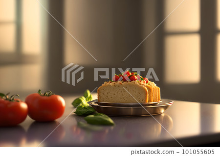 Sliced bread, tomatoes and basil on the plate. Selective focus. Defocused background of kitchen of bar interior with bokeh. AI generated 101055605