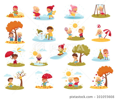 Kids Enjoying Four Seasons Playing at Nature Big Vector Set Kids Enjoying Four Seasons Playing at Nature Big Vector Set 101055608