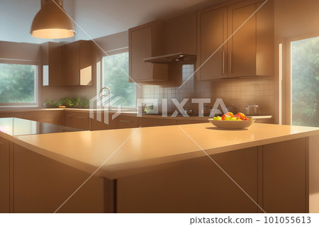 Kitchen interior. Selective focus on foreground worktop island. Defocused background of kitchen interior with bokeh. AI generated 101055613