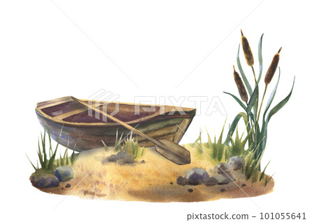 Watercolor illustration, fishing, old wooden boat near the shore with reeds. Camping. Isolated on white background. Watercolor illustration, fishing, old wooden boat near the shore with reeds. Camping. Isolated on white background. 101055641