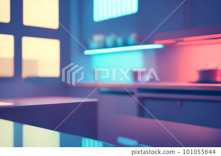 Empty worktop mockup, suitable to put your items. Defocused background of kitchen of bar interior with bokeh of neon glowing lights. AI generated image Empty worktop mockup, suitable to put your items. Defocused background of kitchen of bar interior with bokeh of neon glowing lights. AI generated image 101055644