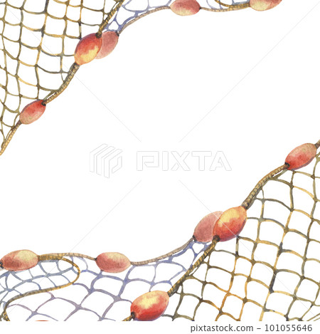 Hand drawn watercolor illustration, frame of empty fishing net, seine isolated on a white background. Can be used as a flyer template for fishing tackle and seafood stores 101055646
