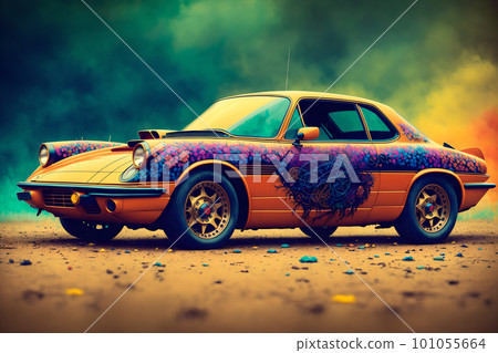 Abstract retro premium sportcar unically painted, in multicolor fog. AI generated, this is not real existing model 101055664