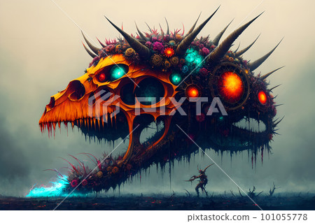 Hellish monster with fangs and horns, rotted flesh, empty eye sockets with mad gaze, bloody mouth, bones exposed, aggressive and terrifying. AI generated 101055778