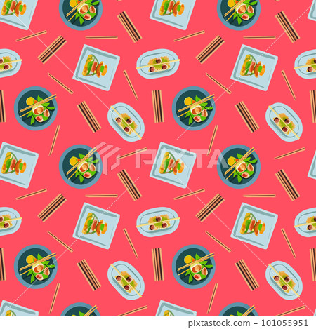 Vector pattern with Japanese food, ramen soup in cartoon style. 101055951