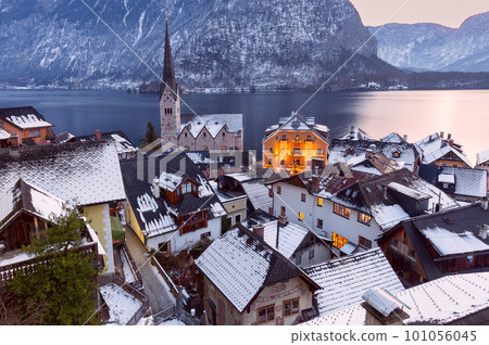 Hallstatt. Scenic view of the city and the lake at sunset. Hallstatt. Scenic view of the city and the lake at sunset. 101056045