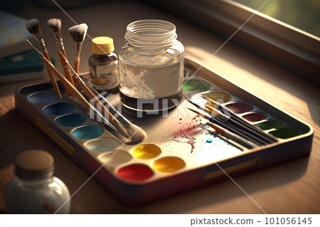 Set of watercolor paints and paintbrushes for painting closeup. Set of watercolor paints and paintbrushes for painting closeup. 101056145