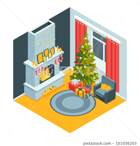 Isometric Christmas Fireplace Composition 101056203