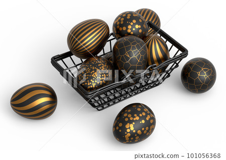 Golden and black Easter eggs in metal wire basket or chocolate eggs 101056368