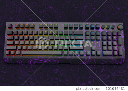 Realistic computer keyboard with seamless wavy pattern isolated on dark 101056481