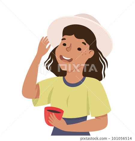 Young Female in Hat with Cup of Coffee Talking Engaged in Conversation with Someone Vector Illustration 101056514