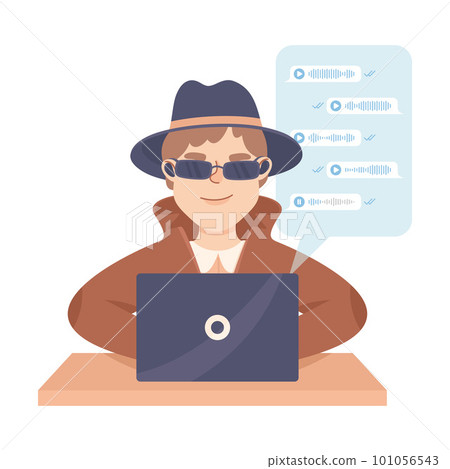 Espionage with Man Private Detective at Laptop Observing Chat Audio Records Vector Illustration Espionage with Man Private Detective at Laptop Observing Chat Audio Records Vector Illustration 101056543