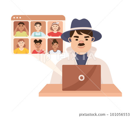 Espionage with Man Private Detective in Hat and Coat at Laptop Listening to Calls Vector Illustration 101056553