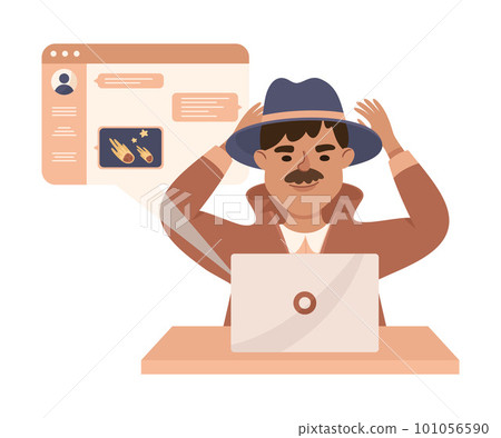 Espionage with Mustached Man Private Detective Working at Laptop Chatting Vector Illustration 101056590