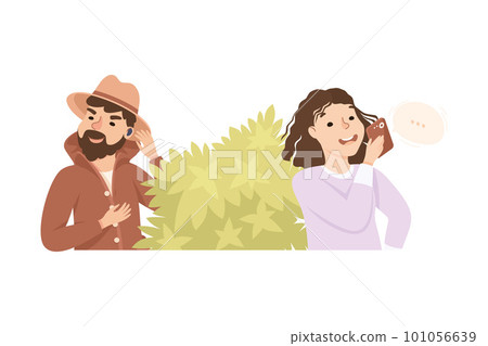 Espionage with Man Private Detective Hiding Behind Bush Listening to Woman Phone Conversation Vector Illustration 101056639