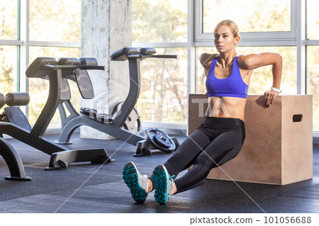 Active blonde sporty woman doing triceps dips using a jump box for her cross training workout routine at the gym, wearing wearing sports top and tights. Indoor shot with window on background. 101056688