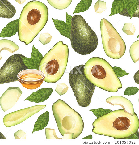 Watercolor seamless pattern of fresh whole and sliced avocado. Hand-drawn illustration isolated on white background. Perfect food menu, healthy food drawing, design packing. Watercolor seamless pattern of fresh whole and sliced avocado. Hand-drawn illustration isolated on white background. Perfect food menu, healthy food drawing, design packing. 101057082