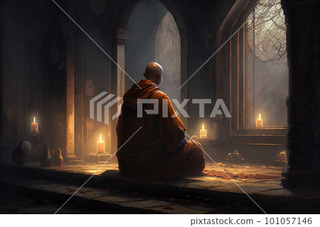 Buddhist monk sits inside old dark temple and meditating, generative AI 101057146