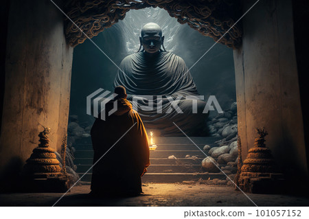 Buddhist monk kneels inside old dark temple and worships holy statue, generative AI. 101057152