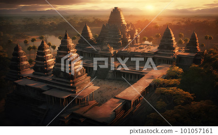Old Asian temple in jungle at sunset, ancient oriental architecture, generative AI Old Asian temple in jungle at sunset, ancient oriental architecture, generative AI 101057161
