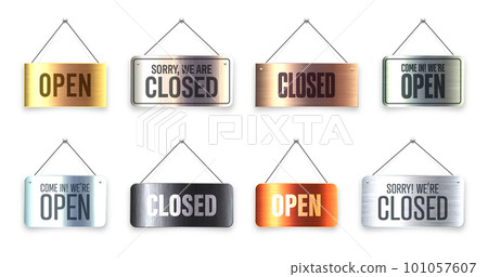 Brushed metal Open and Closed hanging signboards. Vintage door sign for cafe, restaurant, bar or retail store. Announcement banner, information signage for business or service. Vector illustration Brushed metal Open and Closed hanging signboards. Vintage door sign for cafe, restaurant, bar or retail store. Announcement banner, information signage for business or service. Vector illustration 101057607