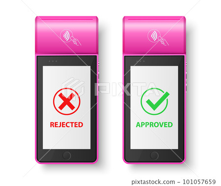 Vector 3d Pink NFC Payment Machine with Approved and Rejected Status Isolated. Wi-fi, Wireless Payment. POS Terminal, Machine Design Template of Bank Payment Contactless Terminal, Mockup. Top View Vector 3d Pink NFC Payment Machine with Approved and Rejected Status Isolated. Wi-fi, Wireless Payment. POS Terminal, Machine Design Template of Bank Payment Contactless Terminal, Mockup. Top View 101057659