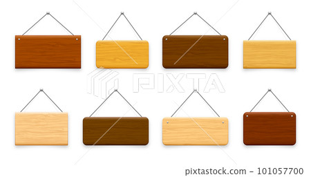 Wooden hanging signboards. Made of wood door sign for cafe, restaurant, bar or retail store. Announcement banner, information signage for business or service. Vector illustration 101057700