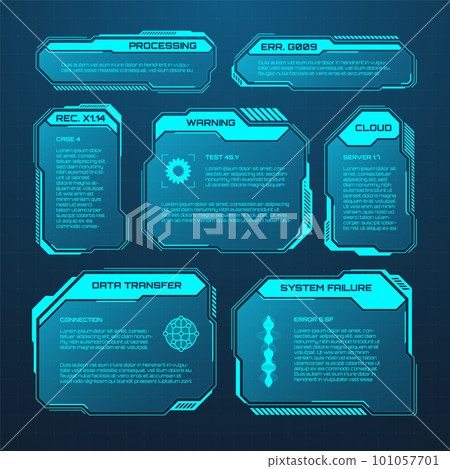 Blue futuristic HUD or UI elements. Sci-fi user interface text boxes, callouts. Warning message frames, information boxes template. Modern game interface layout in digital style. Vector illustration 101057701