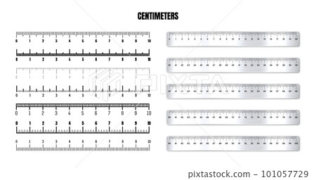 Realistic metal rulers with black centimeter scale for measuring length or height. Various measurement scales with divisions. Ruler, tape measure marks, size indicators. Vector illustration Realistic metal rulers with black centimeter scale for measuring length or height. Various measurement scales with divisions. Ruler, tape measure marks, size indicators. Vector illustration 101057729
