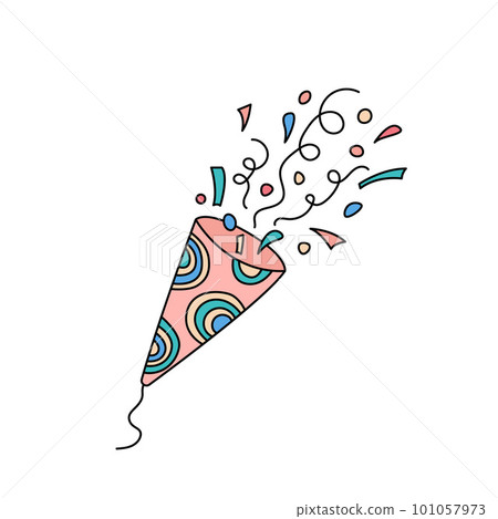 Happy birthday cracker. Party popper with confetti. Bday doodles. Vector cute hand drawn illustration. Kids holiday design element 101057973