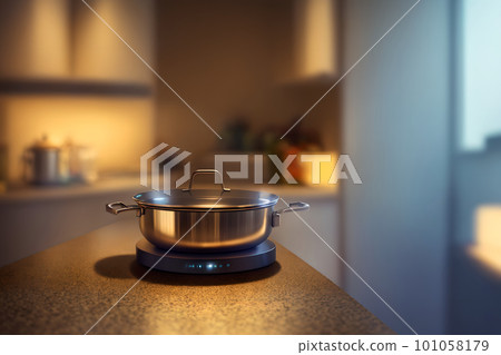 Cooking pan at the gaz stove with blue flame. Selective focus. Defocused background of kitchen nterior with bokeh. AI generated image 101058179