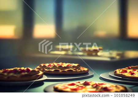 Hot tasty traditional italian pizza with salami, cheese, tomatoes greens on a dark background 101058249