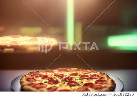 Hot tasty traditional italian pizza with salami, cheese, tomatoes greens on a dark background 101058250