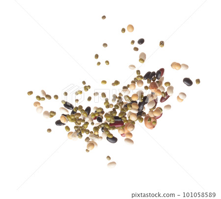 Mix beans fall down explosion, several kind bean float explode. Dried mixed white green red soy black peanut beans splash throwing in Air. White background Isolated high speed shutter, freeze Mix beans fall down explosion, several kind bean float explode. Dried mixed white green red soy black peanut beans splash throwing in Air. White background Isolated high speed shutter, freeze 101058589