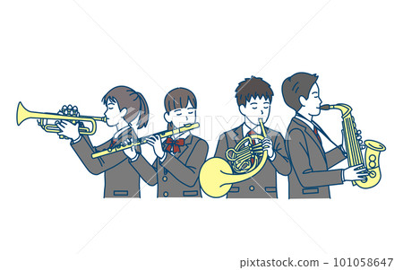 Brass band illustration of students playing musical instruments Brass band illustration of students playing musical instruments 101058647