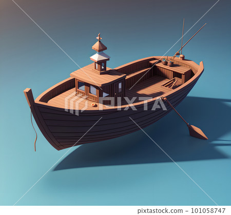 Small wooden fisherboat, 3d isometric reference model, AI generated 101058747